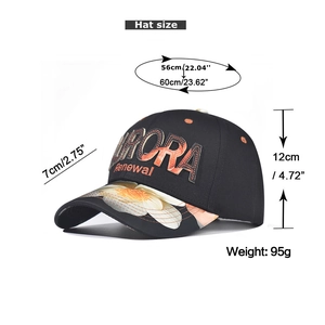 Detail of baseball cap showing front embroidery and floral pattern on the brim