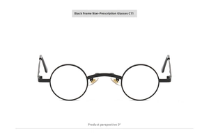 Detailed front view of retro steampunk round black frame glasses with clear plain lenses