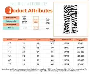 Tableau des tailles détaillé pour leggings évasés zèbre pour filles avec matériaux