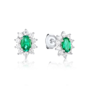Elegant silver stud earrings featuring oval green emerald and white diamond halo with reflection