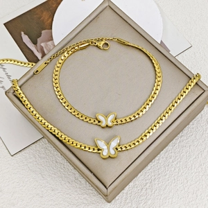 Elegant 18k gold plated stainless steel butterfly jewelry set with white shell inlay