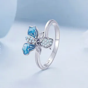 Elegant S925 sterling silver open ring featuring blue enamel iris flower and zircons
