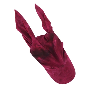 Detailed close-up of dark red velvet headscarf hat with unique bunny ear decorations