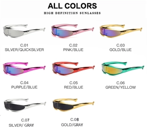 Matrix layout displaying eight color options for futuristic Y2K wrap-around sports sunglasses