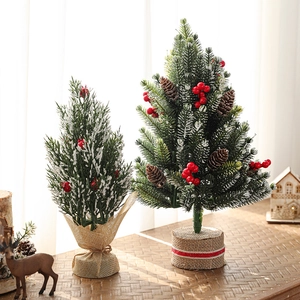 Mini Artificial Christmas Tree Tabletop Decor Red Berries Pine Cones Burlap Base Faux Snow Flocked Festive Home Ornament