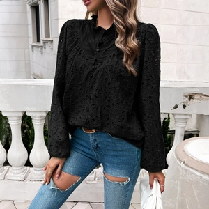 Elegant black lace blouse with hollow lantern sleeves and V-neckline for women