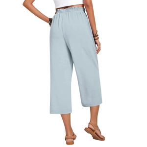 Back view of light blue linen high waist wide leg pants with elastic drawstring waist