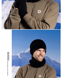 Outdoor shot of winter knit hat, neck warmer and gloves set with thick warm fleece lining