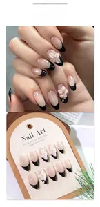 Detail of JL0674 French black almond fake nails with 3D white cherry blossom flowers