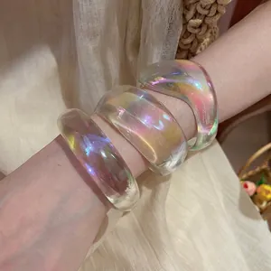 Iridescent acrylic geometric bangle set with multicolor aurora coating for women