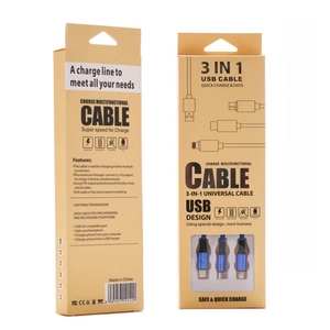 Macro view of blue 3-in-1 nylon braided USB cable connectors in paper packaging