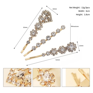 Detailed macro view showing dimensions and rhinestone settings for a 3pcs hair clip set