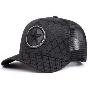 Black mesh trucker hat with star embroidery and jacquard texture in 45-degree view