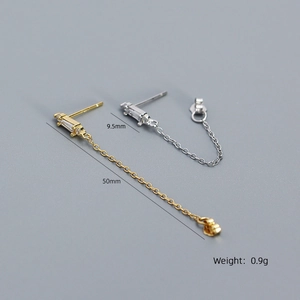 S925 sterling silver tassel chain stud earrings with zircon inlay in gold and silver