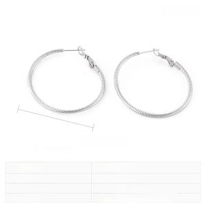 Detail showing 40x2mm stainless steel hoop earrings with spiral rope texture design