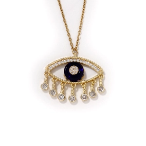 Elegant gold evil eye necklace with blue stone and sparkling tassel pendant on white background