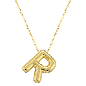 Macro view of gold 3D puffy balloon letter R pendant on a polished box chain necklace