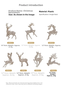 Detailed catalog showing seven gold glitter Christmas elk ornaments with precise dimensions