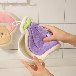 Purple eggplant shaped thick coral fleece hand towel with hanging loop for kitchen use