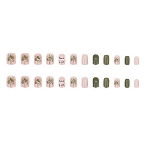 Short square press-on nails with pink floral patterns and green glitter 24pcs set
