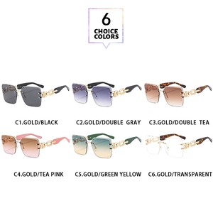 Detailed selection of rimless square sunglasses with hollow gold metal chain temples