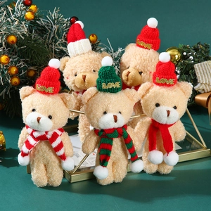 Cute Christmas teddy bear plush dolls with red and green knitted hats and scarves