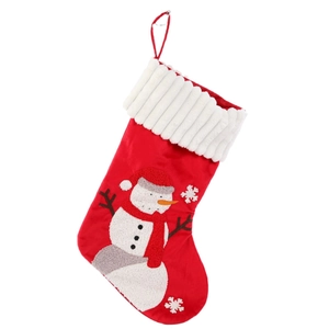 Large red Christmas stocking with snowman embroidery and white faux fur trim for holiday decor