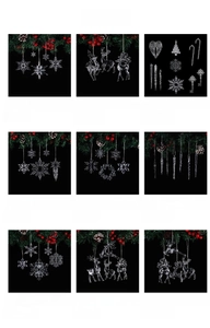 Collage of clear acrylic Christmas ornaments including snowflakes, reindeer and icicles