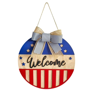 Wooden Independence Day Welcome sign with American flag stars and stripes bow decoration