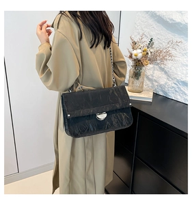 Side view of black pleated crossbody bag with silver hardware on a person