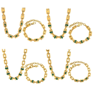 Retro 18K gold plated stainless steel necklace and bracelet set with green gemstones