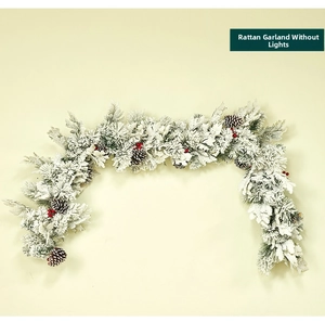 Close-up of frosted Christmas garland with red berries and pine cones without lights