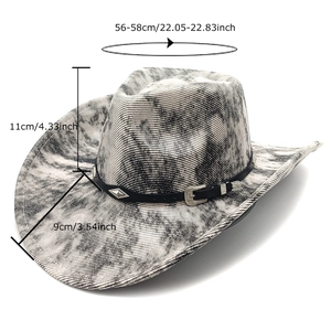 Retro tie-dye western cowboy hat with black leather band and metal buckle detailing