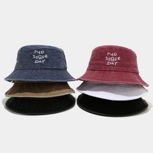 Washed cotton bucket hats with 'NO SOBER DAY' embroidery in five various colors
