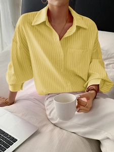 Women's casual yellow vertical striped long sleeve button-up shirt with chest pocket
