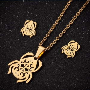 Three-piece golden stainless steel jewelry set featuring hollowed-out frog design pendants