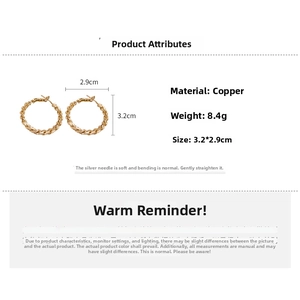 Detailed size and weight specs for gold twisted hoop earrings made of copper with silver pins
