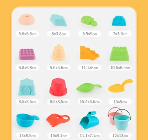 Detailed size chart for 16-piece soft rubber beach toy set with molds and bucket
