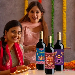 Three wine bottles with Happy Diwali labels and oil lamp illustrations for festive decor