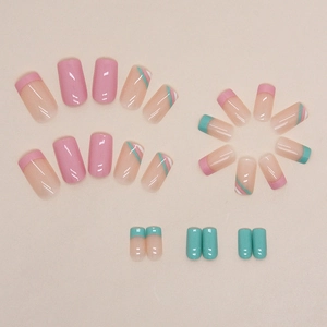 Pink and mint green striped French press-on nails set with minimalist square design