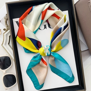 Fashionable geometric print silk scarf with multi-color patchwork and satin finish