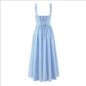 Detail of blue gingham dress featuring adjustable corset-style cross-lace back and pleated hem