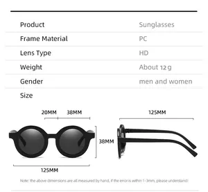 Detailed size chart for kids PC sunglasses showing lens dimensions and 125mm frame width