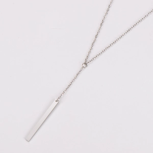 Detail of polished silver stainless steel Y-shaped lariat necklace with bar pendant