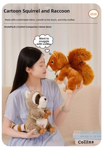 Detail of plush squirrel and raccoon dolls featuring fluffy fur and soft filling