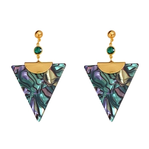 Vintage geometric earrings with triangle abalone shell and green stone in gold