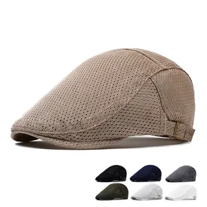 Breathable mesh flat cap for men and women in beige with adjustable metal buckle