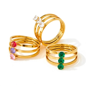 Vintage Triple Layer Stainless Steel Ring For Women With Colorful Cubic Zirconia Stackable Wrap Finger Jewelry