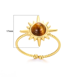 Gold plated sunflower ring with tiger eye stone and twisted rope band 17mm