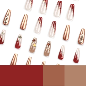 Autumn maple leaf press-on nails with wine red glitter and rhinestone accents